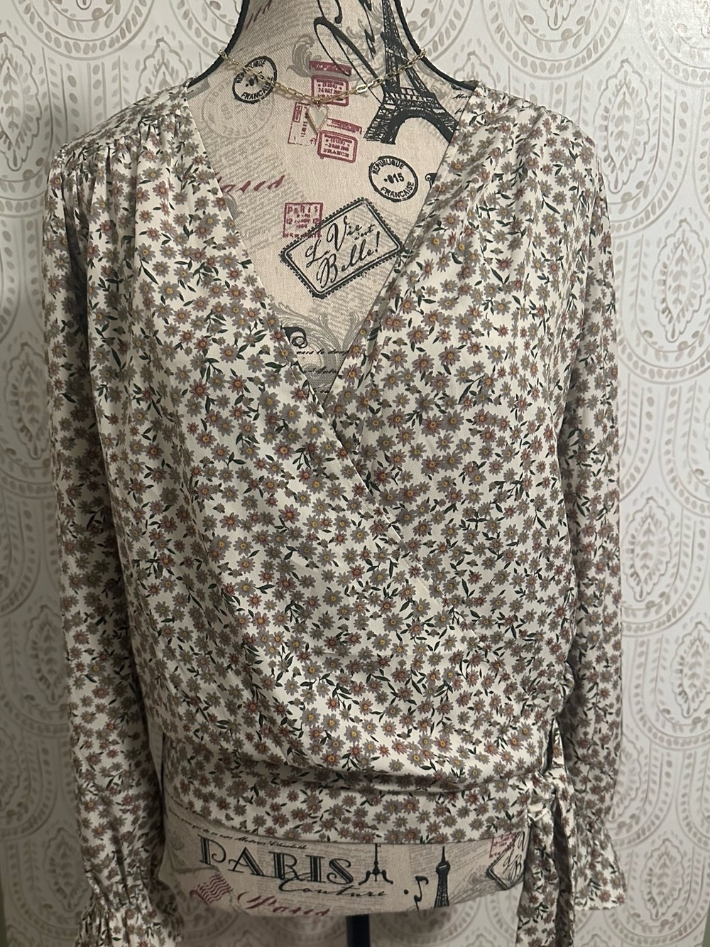 Robin K White Floral Wrap Blouse with Tie Waist